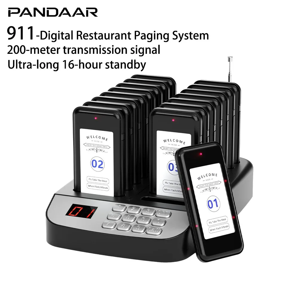 PANDAAR 911 Smart Restaurant Pager Calling System,200m Open Space Communication,16-Hour Battery Life,Ideal for Food Truck & Cafe