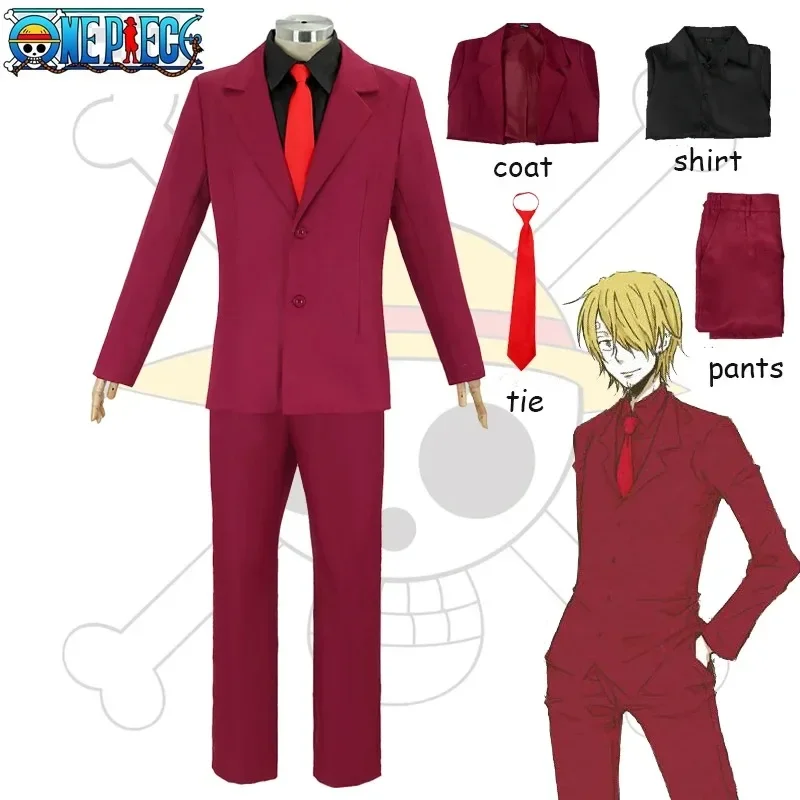 

Sanji Cosplay Costume Anime Pirates Shirt Long Pants Men Set Fantasy Red Uniform Halloween Carnival Party Disguise Clothing # 1