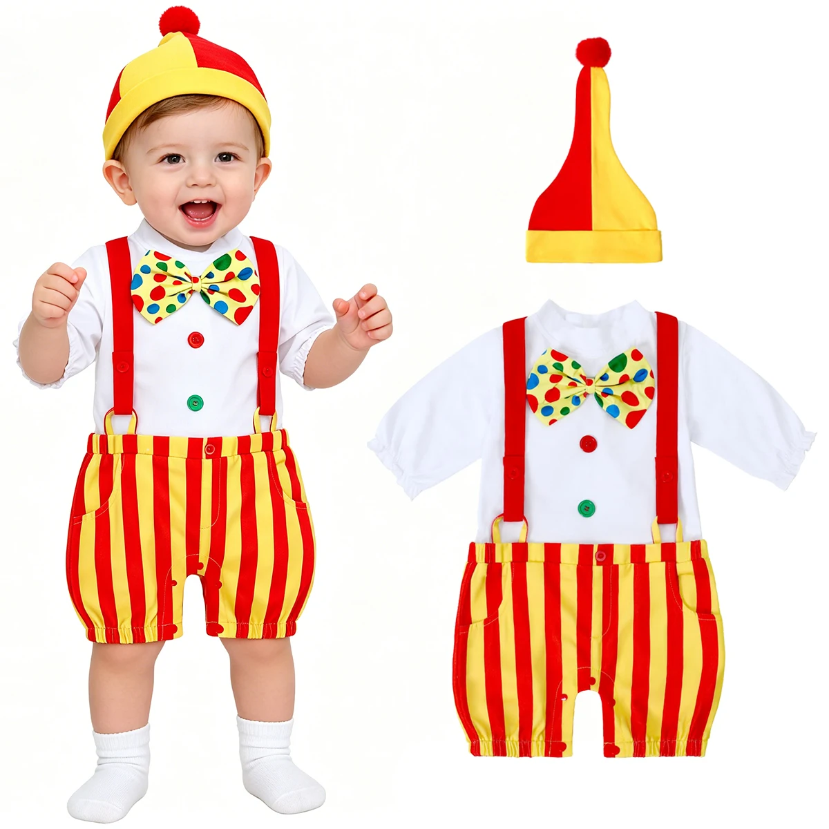 Baby Boys Clothing Mardi Gras Romper Infant Circus Clown Cosplay Clothes Carnival Halloween Jumpsuits 1st Birthday Outfit Hat