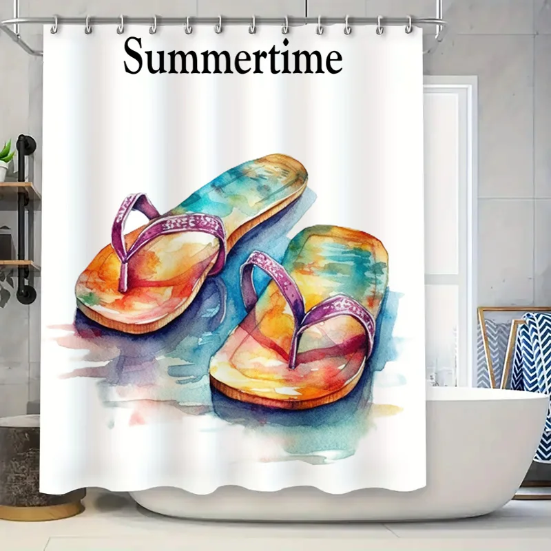 Summer-themed bathroom decor watercolor flip flops shower curtain for kids or adults – colorful beach towels set included (white