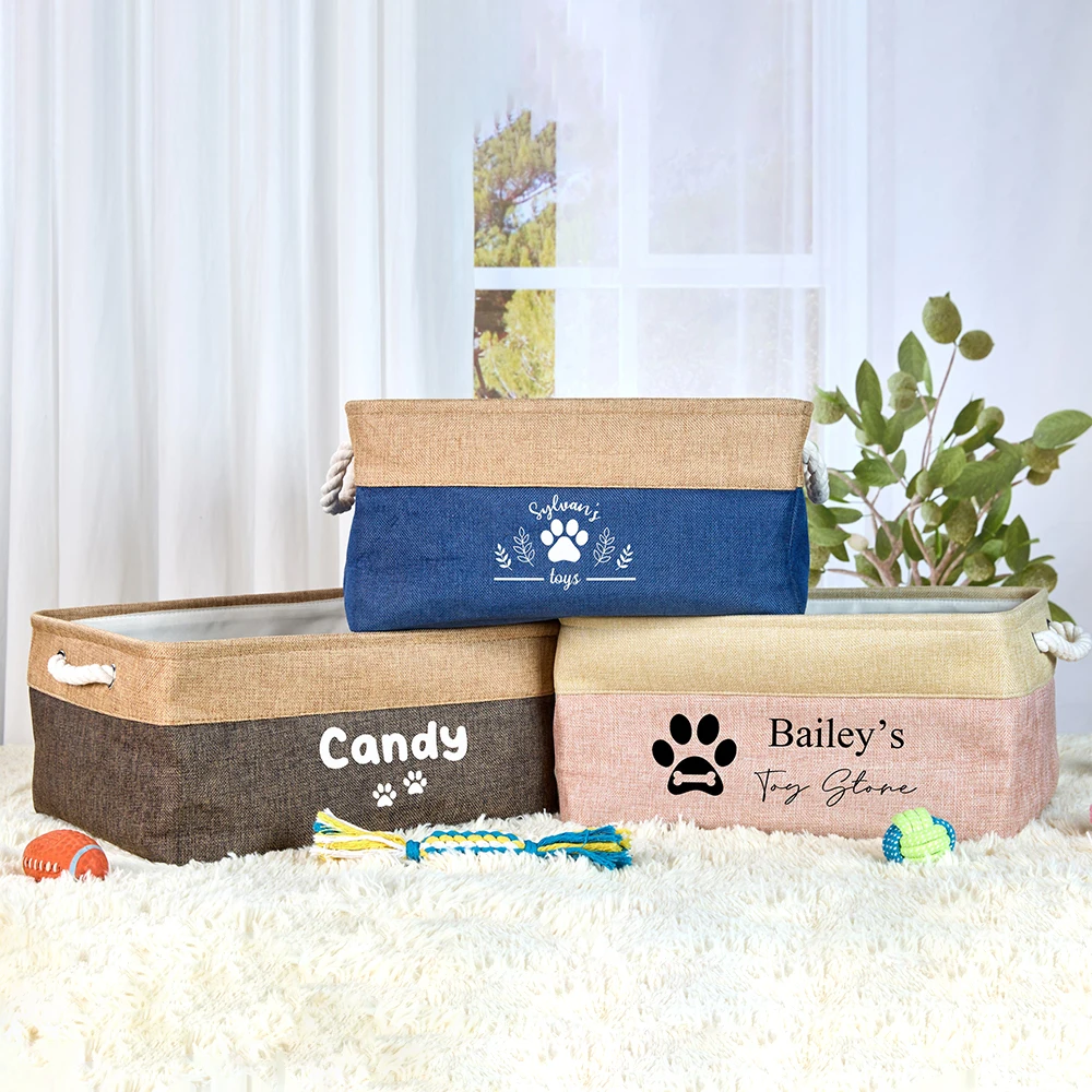 Personalized Pet Toy Storage Basket Custom Name DIY Canvas Collapsible Box Free Print ID Dog Cat Accessories Home Organize Tool