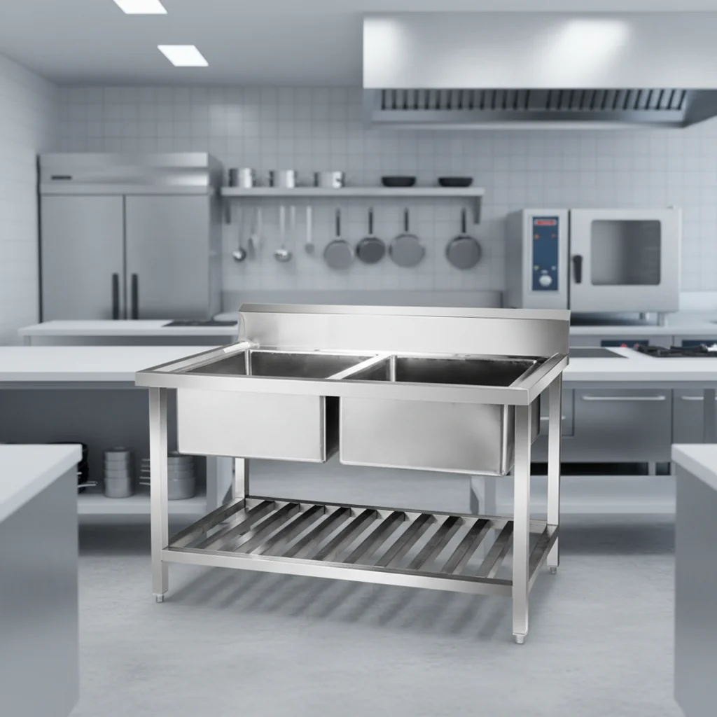 

Commercial Hotel Kitchen Double Bowl Scrubbing Sink Square Leg Stainless Steel Fabrication Durable and Stylish