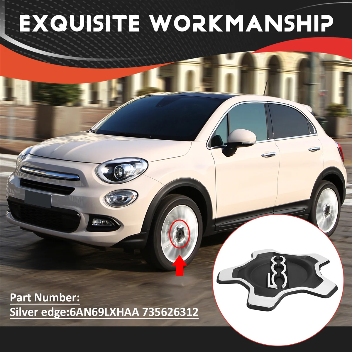 Car Wheel Center Cap Cover 6AN69LXHAA 735626312 for Fiat 500X 2016-2022 Dust Cover Car Accessories,Black & Silver