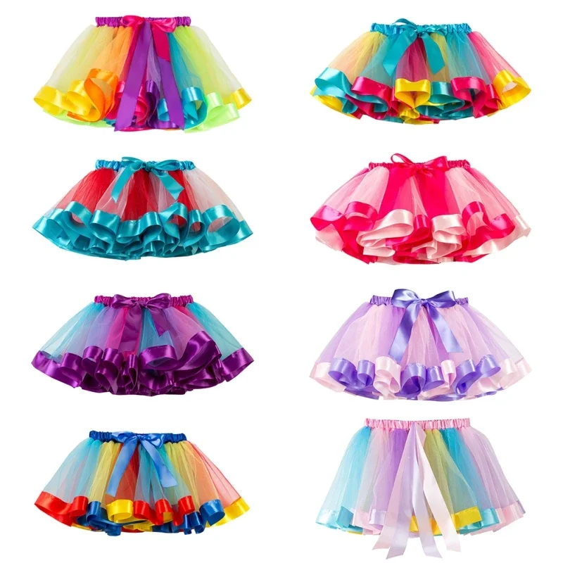 

Kids Skirts Rainbow Puffy Princess Skirts with Bow Decor Girls Cute Mesh Tutu Fashion Skirts Children Party Shoot Costumes 2-8Y