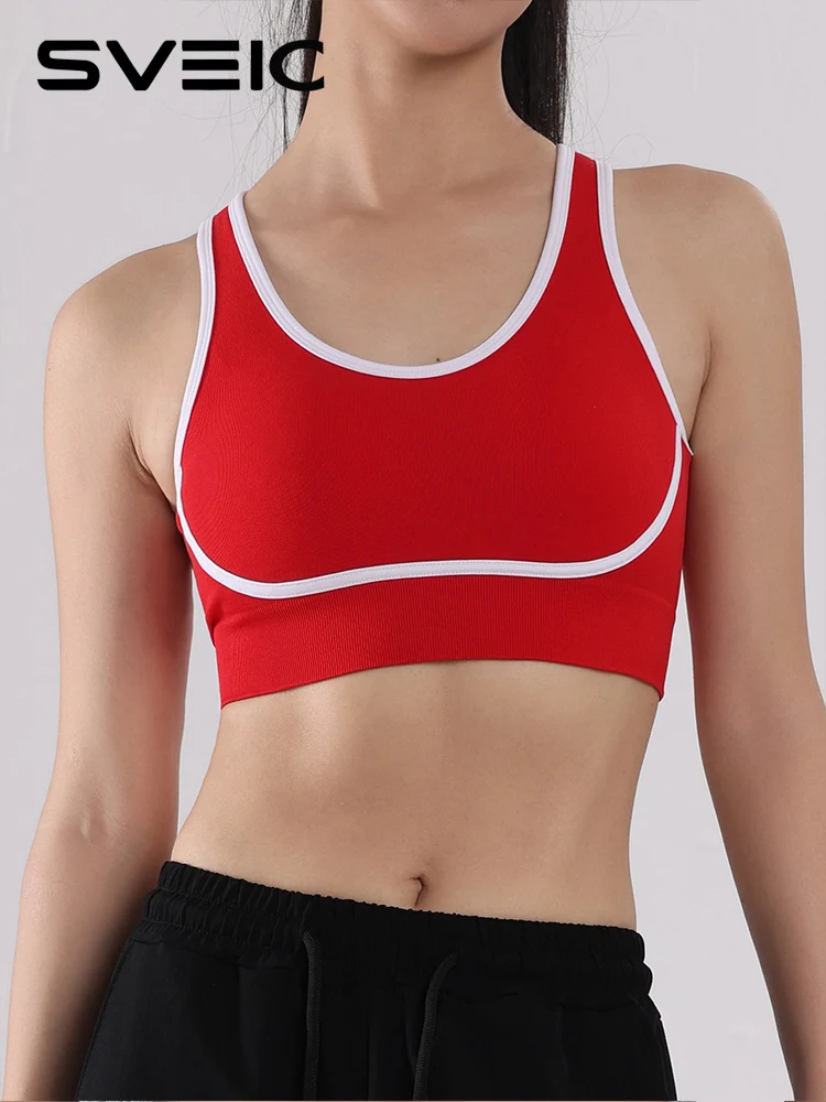 

SVEIC Contrast Color Yoga Sports Bra Seamless Hollow Beautiful Back Underwear Fitness Workout Shockproof Gather Run Gym Clothes
