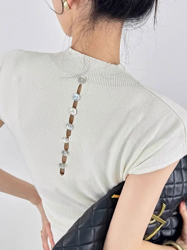 Women's Half High Collar Sleeveless Knitted Top Hollow out Button Detail Drawstring Side Slit Summer Fashion Inner Wear
