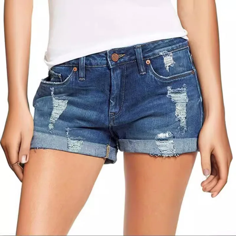 Blue Stretch Skinny High Waist Jean Shorts Woman Summer 2025 Casual Ripped Hole With Pocket Zipper Cuffed Denim Shorts