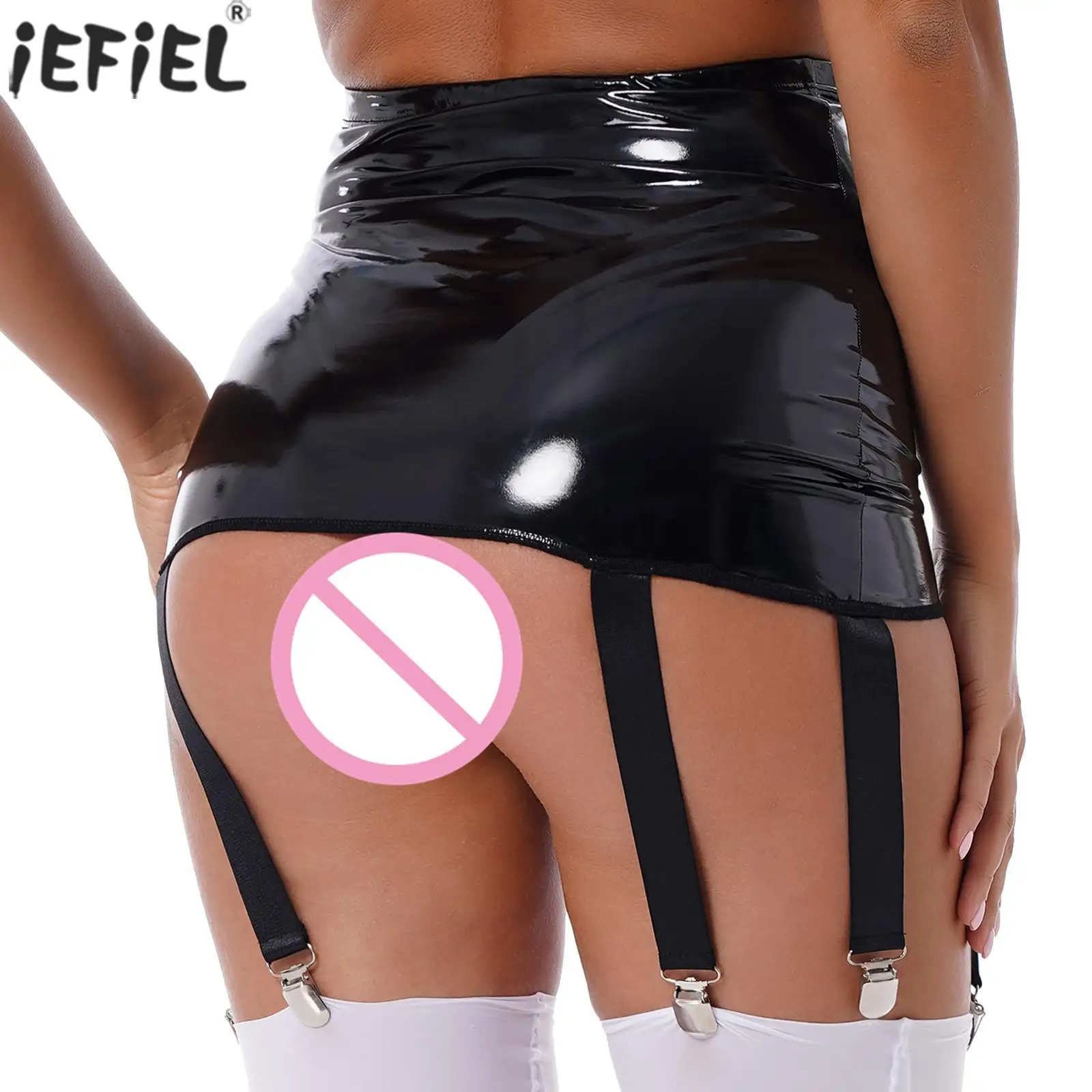 

Black Womens Glossy Patent Leather High Waist Six Clips Garter Belt with 1 Pair Footed Thigh High Stockings Set for Role Play