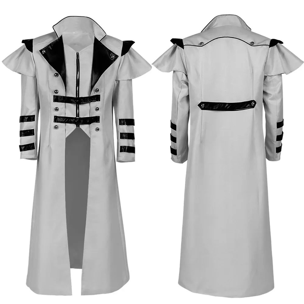 Disfraz de Halloween Medieval Steampunk de Elfo Asesino Pirata para Adultos, Chaqueta Larga Negra con Aberturas, Armadura Gótica, Abrigos de Cuero