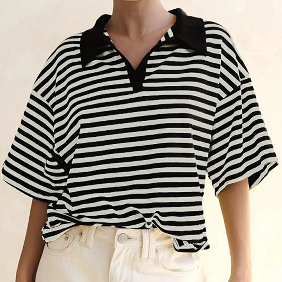 여성용 초콜릿 브라운 칼라 옐로우 스트라이프 반팔 셔츠 캐주얼 경량 티셔츠 스타일리시 버튼 다운 셔츠