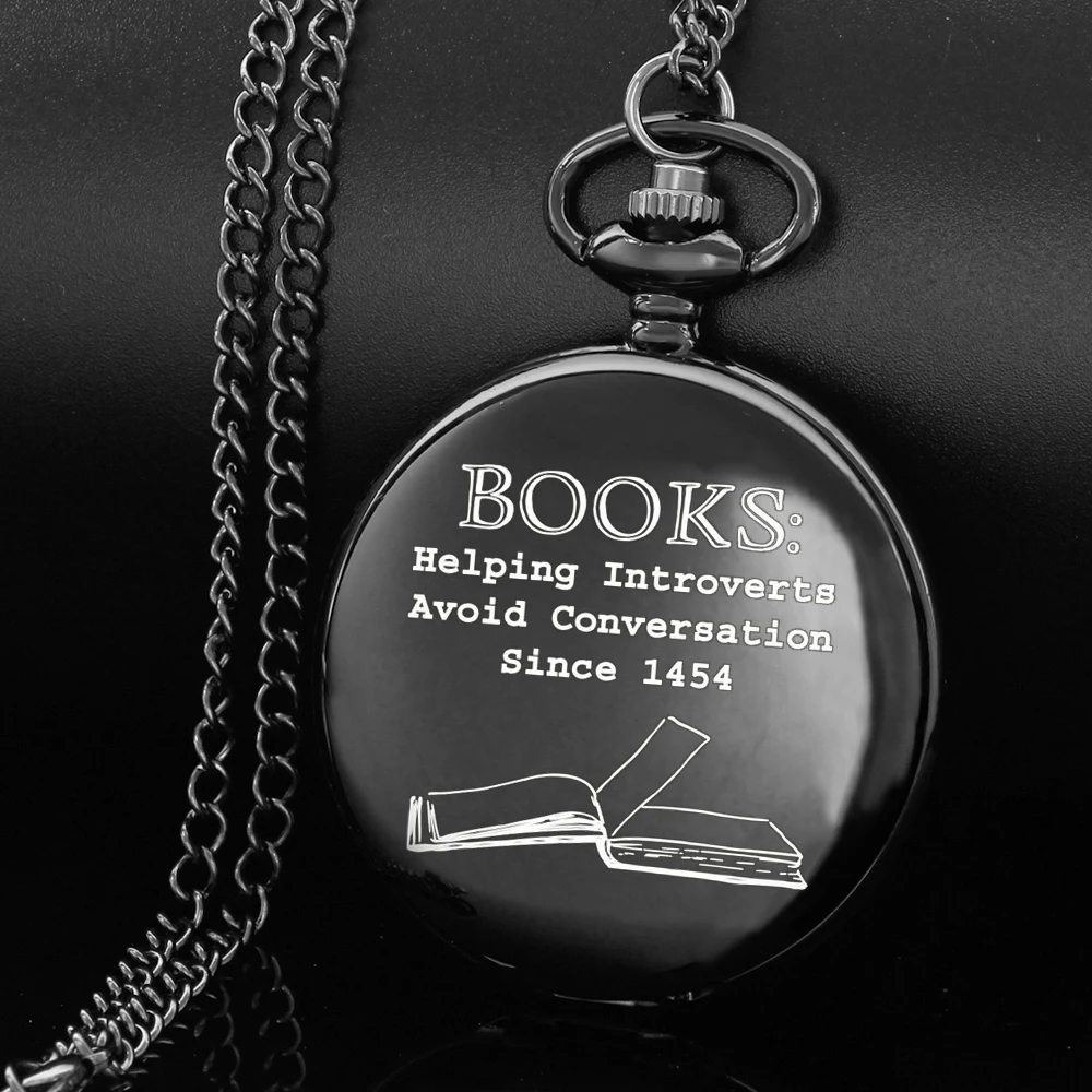 BOOKS carving english alphabet face pocket watch a belt chain Black quartz watch birthday gifts for boys and girls