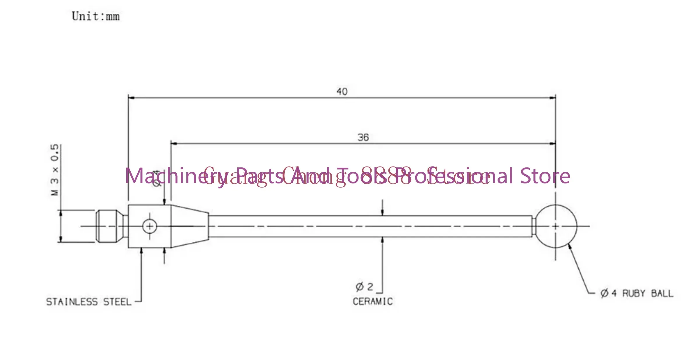 1Pc Cmm Touch Probe Stylus Ceramic Stem M3 Thread 4mm Ruby Tip 40mm Long A-5004-0154