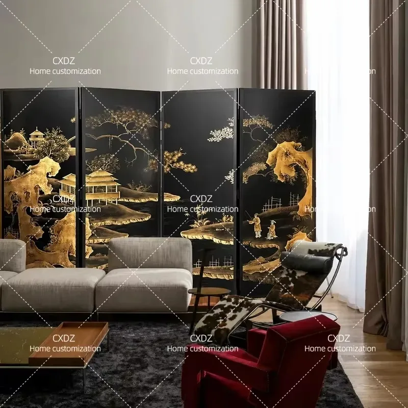 Medieval Style Gold Foil Screen Partition for Living Room Dining Office Entrance Hand Painted Lacquer Landscape Customizable