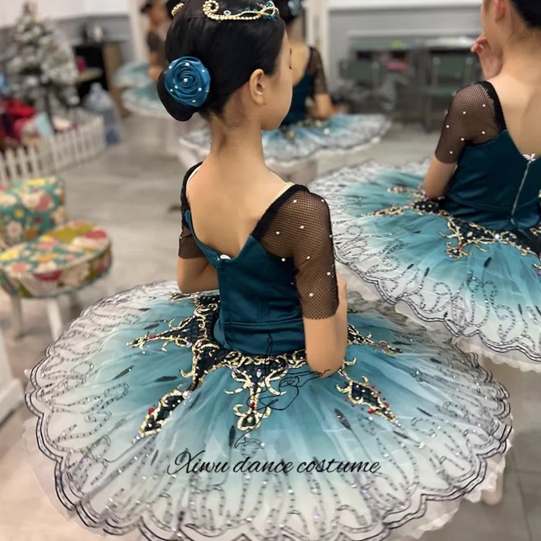 زي أداء الباليه للبالغين، تنورة توتو زرقاء متدرجة باللون الأخضر الزمردي الداكن #4