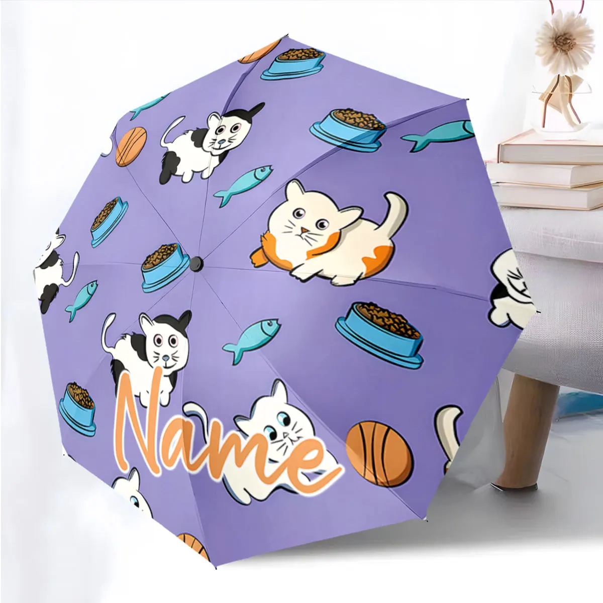 Custom Name Umbrella Cats and Fish Playful Umbrella Design Print 8 Iron Ribs Folding Umbrella Auto-Open Fashion Sunshade