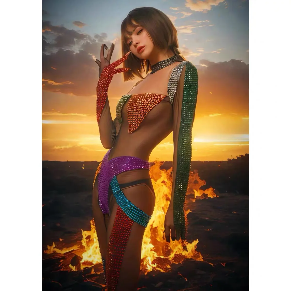 

Luxurious Glittering Colored Diamond Black Mesh Sheer Stretch jumpsuit Women Celebrate Eveing Nightclub Festival Stage Rompers