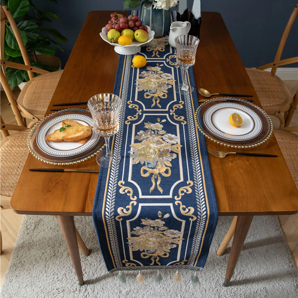 Embroidery Luxury Dining Table Runners,Jacquard Dresser Scarf With Multi-Tassels Table Runners TV Cabinet Cover Cloth
