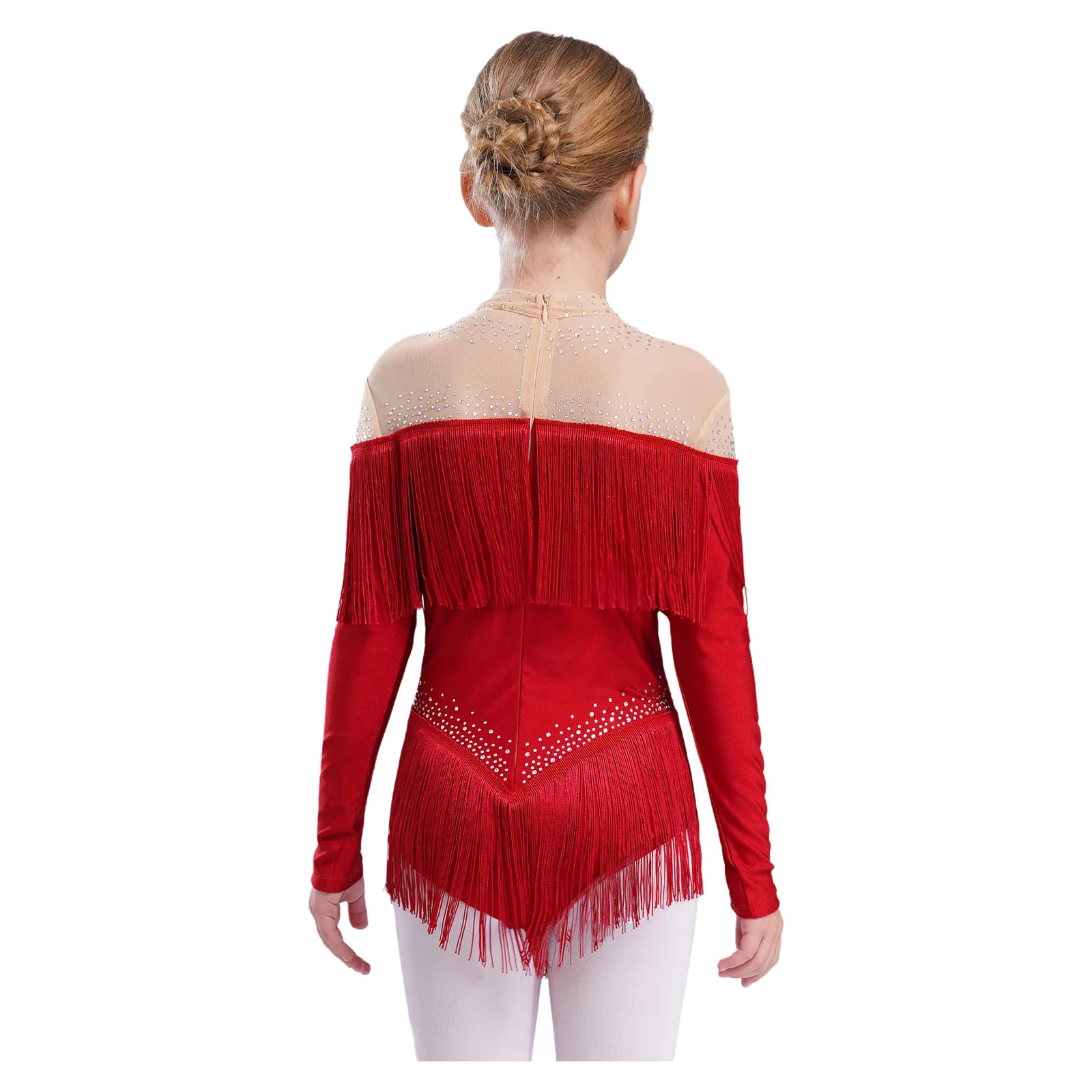 Body da ballo latino per bambina con nappa, strass, body in rete, vestito da competizione di ballo professionale, costume da salsa cha-cha samba