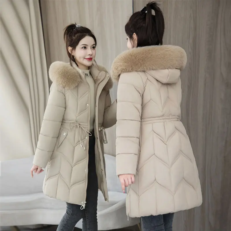 Autumn Winter Women Parkas Korean Fashion Solid Fur Collar Hooded Pockets Zipper Corset Thicken Loog Cardigan Down Coats Tops