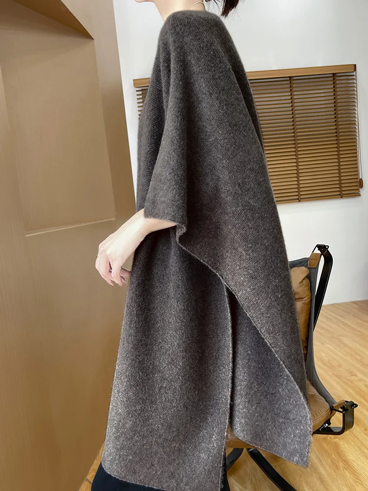 

Loose Women 100% Merino Wool Sweater Shawl Half Sleeve Long Cardigan Autumn Winter Simple Cashmere Chic Casual Knitwear Clothing