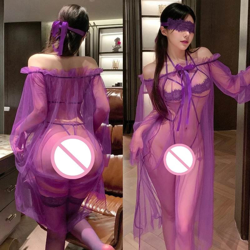 الأرجواني انظر من خلال ثوب النوم الجوف خارج مفتوحة المنشعب بذلة منظور فستان النوم مجموعة مثير Flirtatious ملابس خاصة بيجامة المنزل