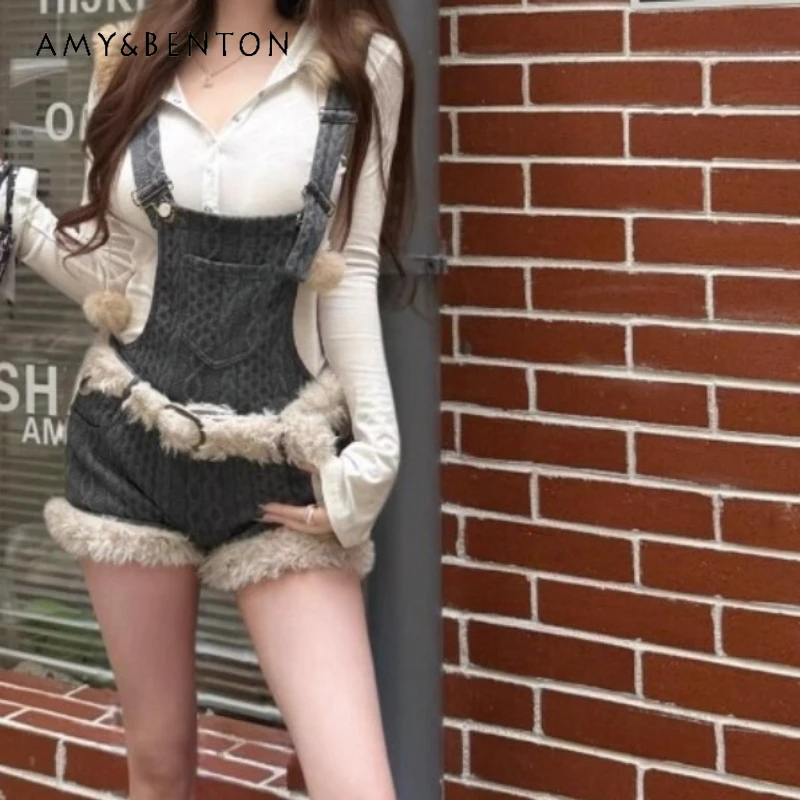 

American Retro Plush Women's Jumpsuits 2025 Winter New Street Style Hot Girl Y2k Fashion Braided Knitted Burr Rompers Ladies