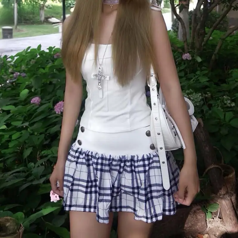 PBAP Women's Double Breasted Tartan Patchwork Mini Skirt Vintage Korea Elastic Waist White JK Skirt Lounge Y2K Summer Clothes