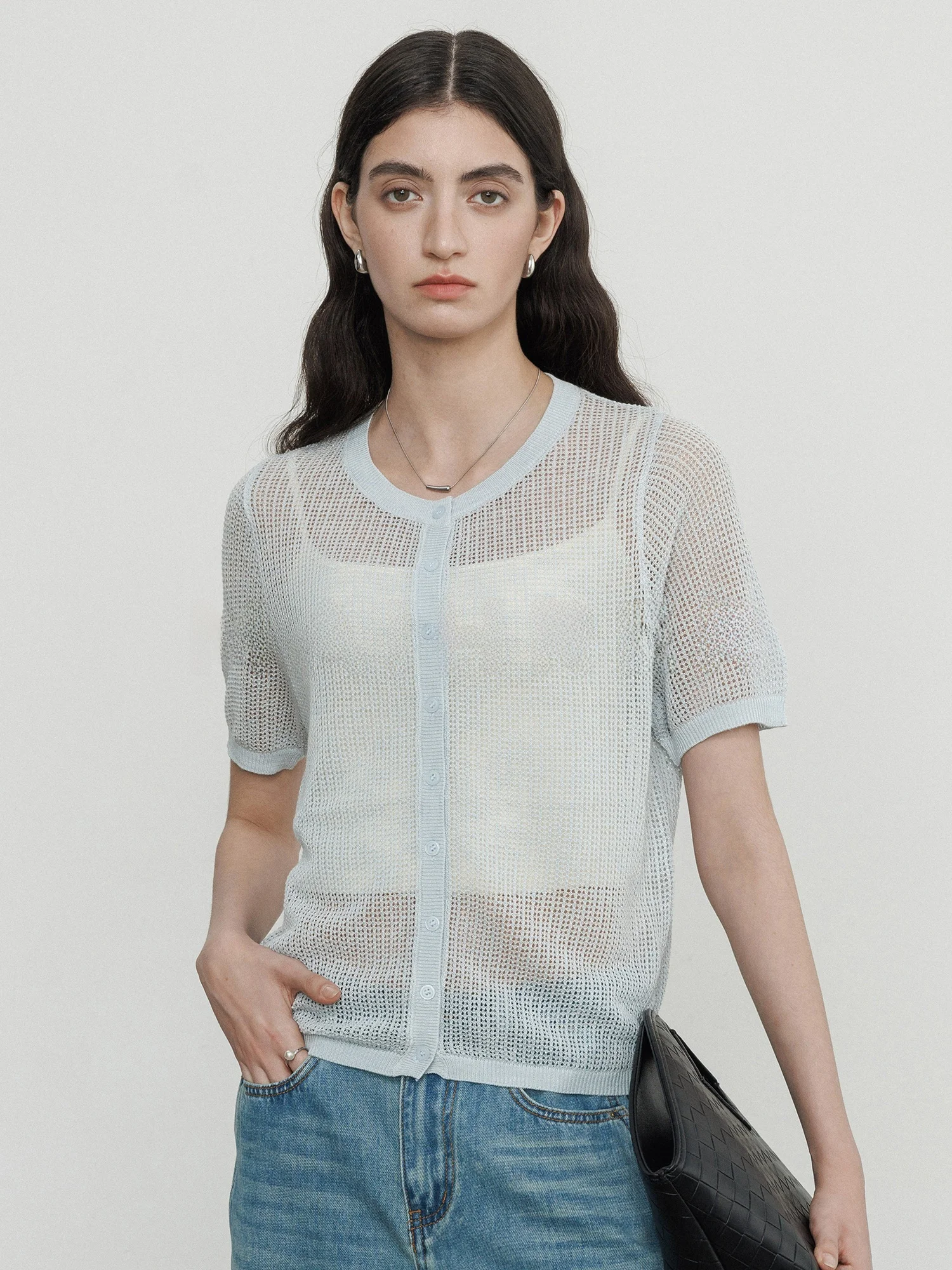 

Casual Chic Jire Linen Knitted Short Sleeve round Neck Open Cardigan Women's Summer Top Breathable Soft Medium Thickness