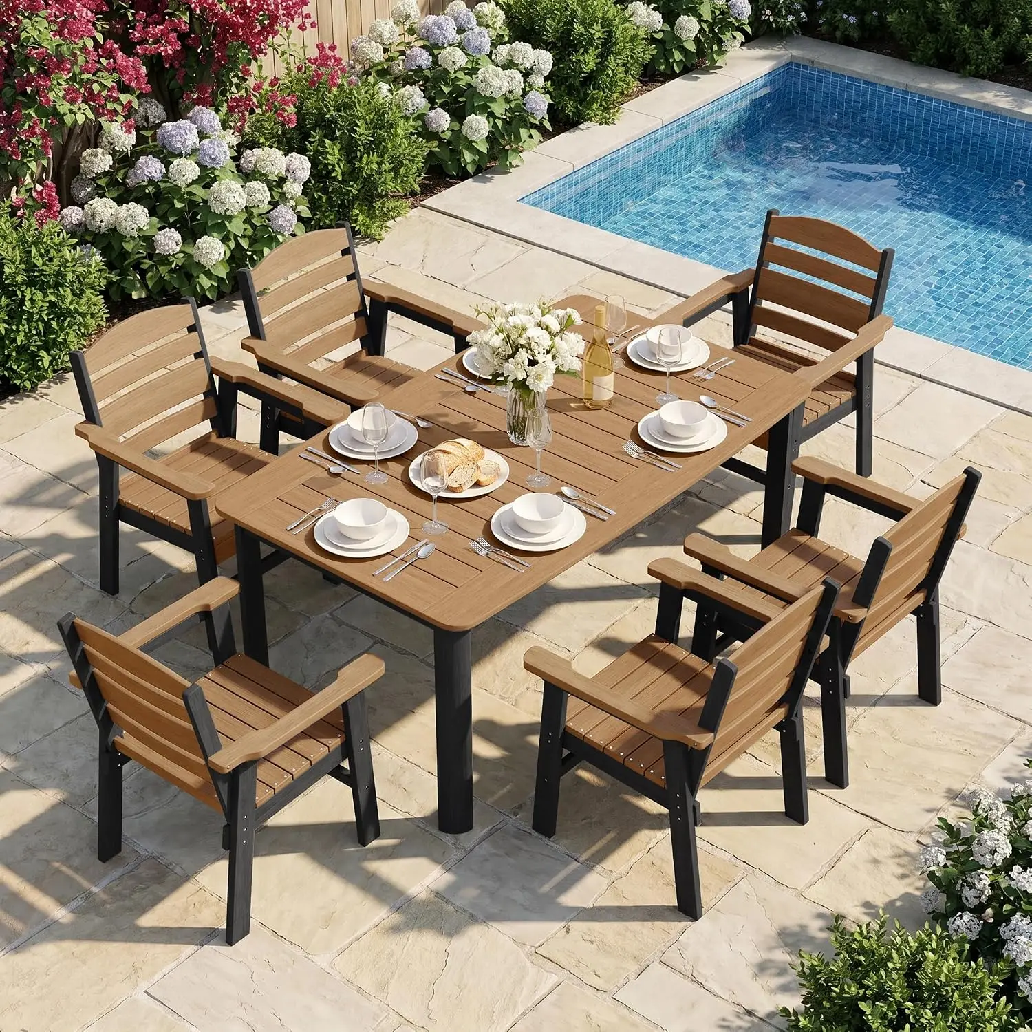 7-Piece HDPE Outdoor Dining Set for 6, Outdoor Table and Chairs, Customized
