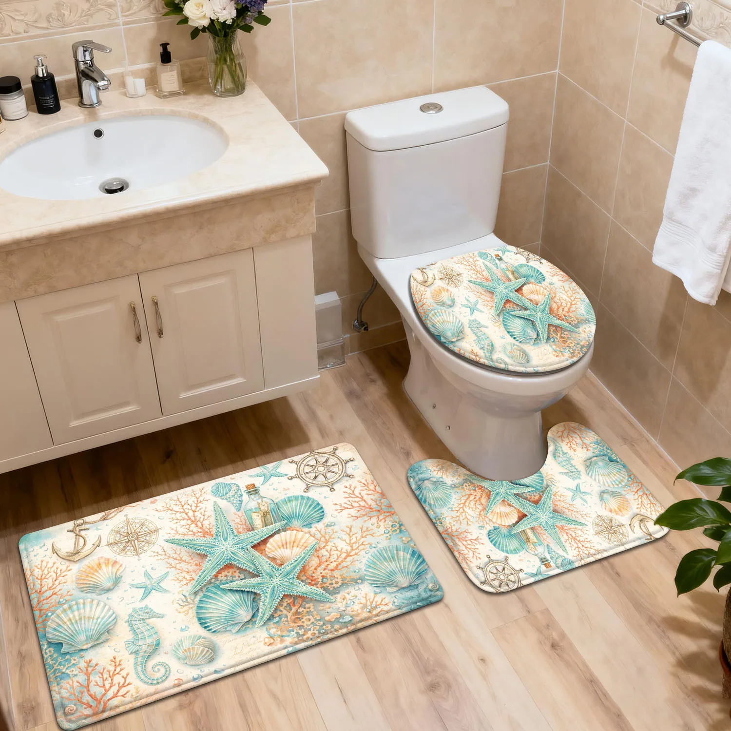 

3pcs Bathroom Mats Featuring Blue-Green Starfish And a Message in a Bottle, Decorative Entrance Mats, Toilet Seat Covers,