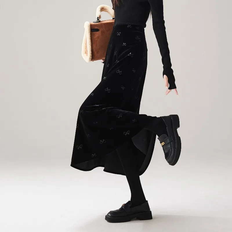2026 Spring Fall Women High Waisted Butterfly A Line Black Velvet Skirt , Autumn Midddle Length Velour Skirts for Woman