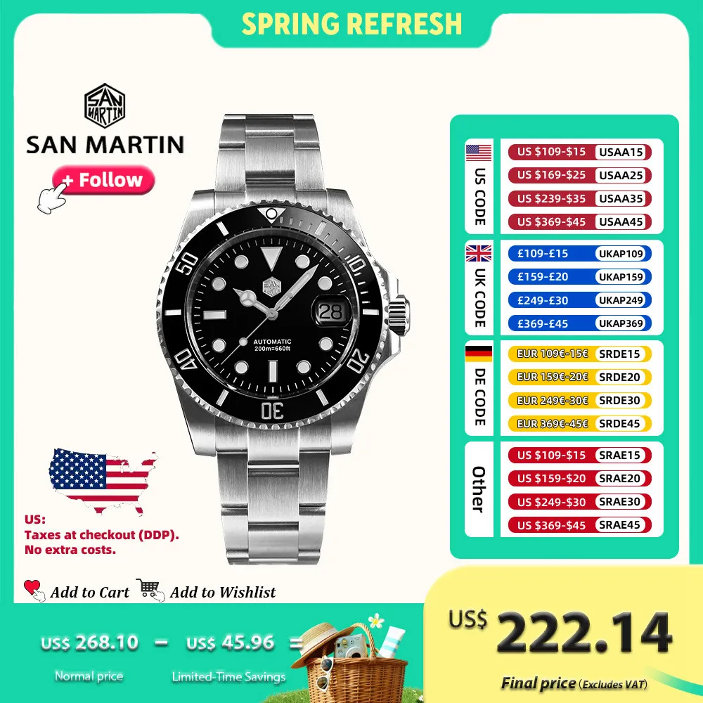 

San Martin Watch New Upgraded Sub Men PT5000 ST2130 Automatic Diving Watches with Ceramic Bezel 200m Waterproof Sapphire SN0017G