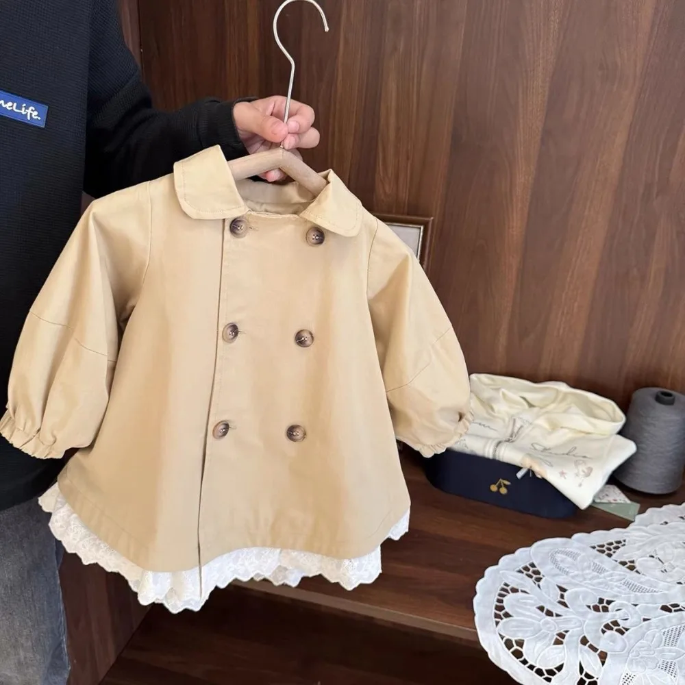 British Style Double Breasted Ruffle Mid Long Trench Coat Fashion Windbreaker Jacket for Baby Girls 2026 Spring Fall New Arrival