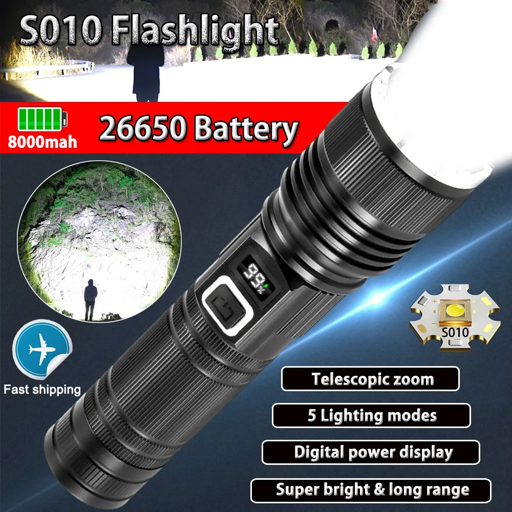 High Lumens Rechargeable Flashlight with Digital Power Display Tactical Flashlight with Zoomable 5 Modes Torch for Outdoor