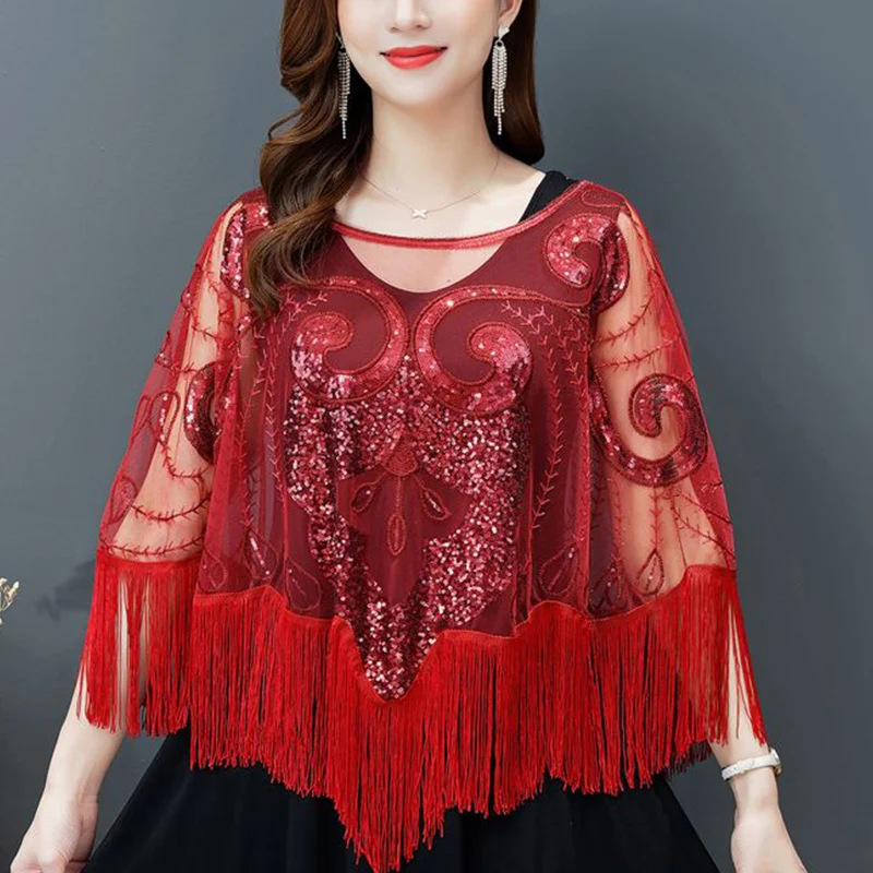 Summer New Fashion Sequins Perspective Tassel Lace Capes Ladies Elegant Fashion All-match Ponchos Femme Temperament Tops Women