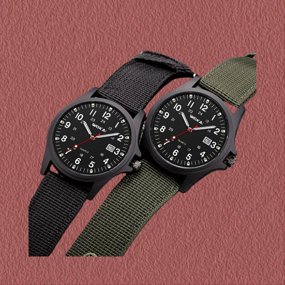Прочные уличные камуфляжные часы — автоматический кварцевый механизм, прочный холщовый ремешок, минималистичный дизайн