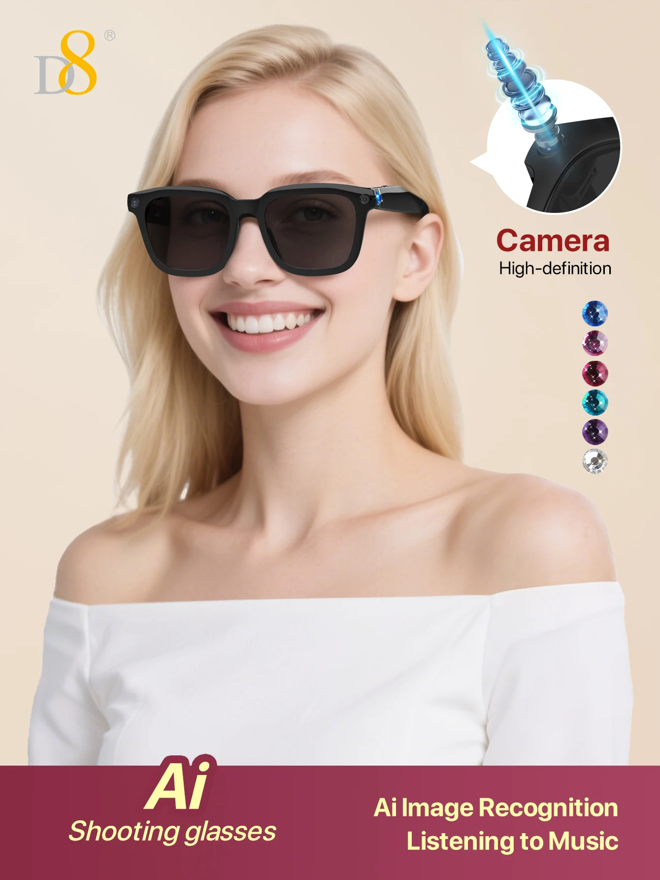 

Умные очки D8 Ai Translation, умные очки с AI-переводами, поддержка 110+ языков, солнцезащитные очки с динамиками, аудиоочки с поддержкой