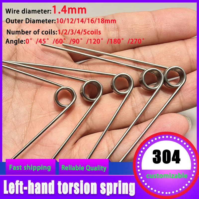 WD1.4mm, SUS304 Stainless Steel Left Twist Torsion Spring, V Form Rebound Hardware, Outer Diameter 10-18mm, 1~5 Coils Available