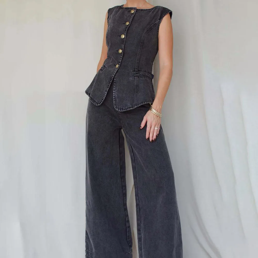 Set Celana Panjang Denim Fashion Wanita Musim Panas 2025 Rompi Ramping Kasual dan Jeans Longgar Kaki Lebar Set Dua Potong