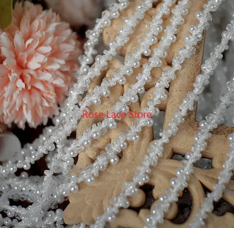 3 yards parel kanten rand, parel lint, parel kralen kanten rand, kralen lint trim, bruids sjerp kant, halslijn kant 0,19'' breed