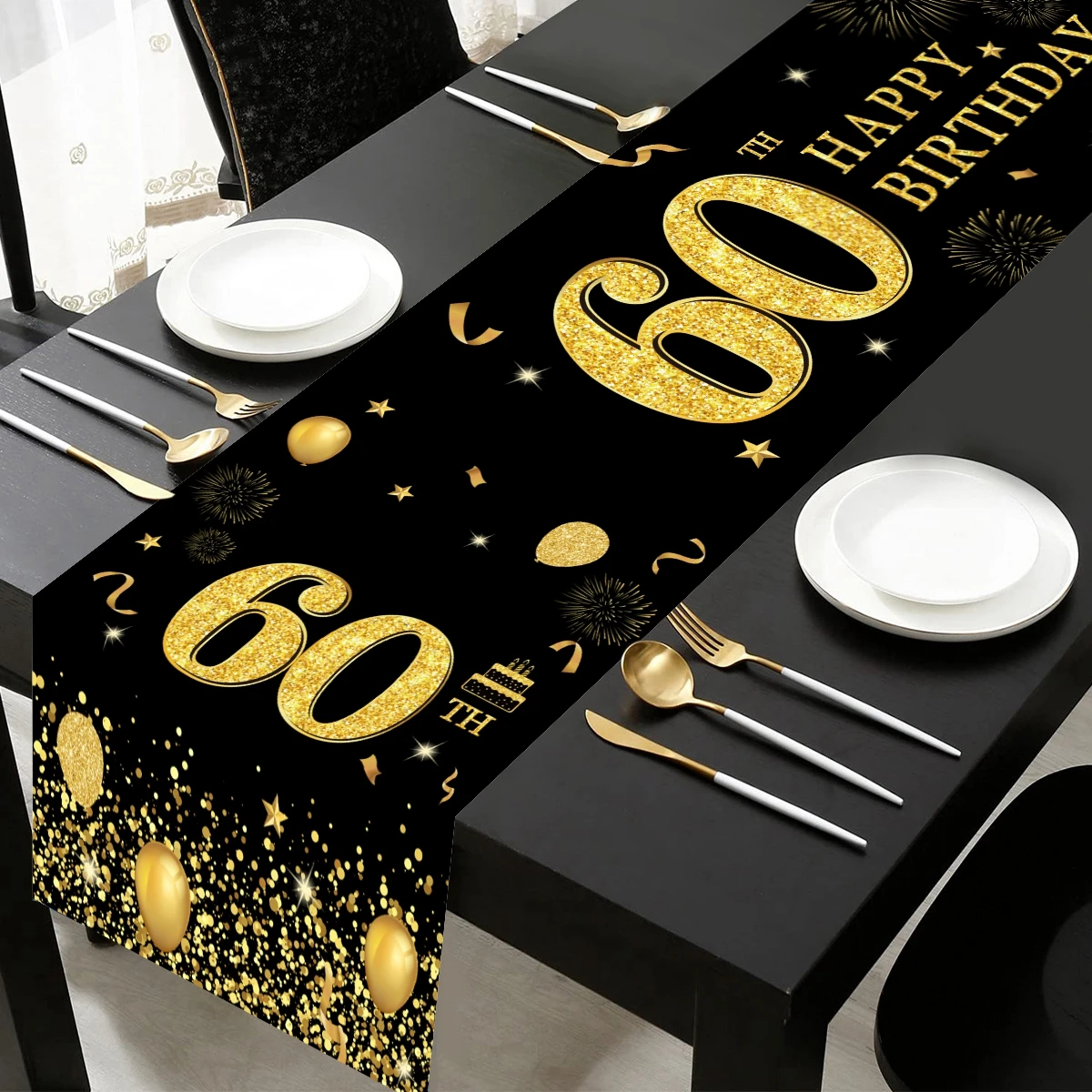 Gold Black Birthday Table Runner Happy Birthday Party Decoration 18 30 40 50 60 Years Old Birthday Party Table Decoration
