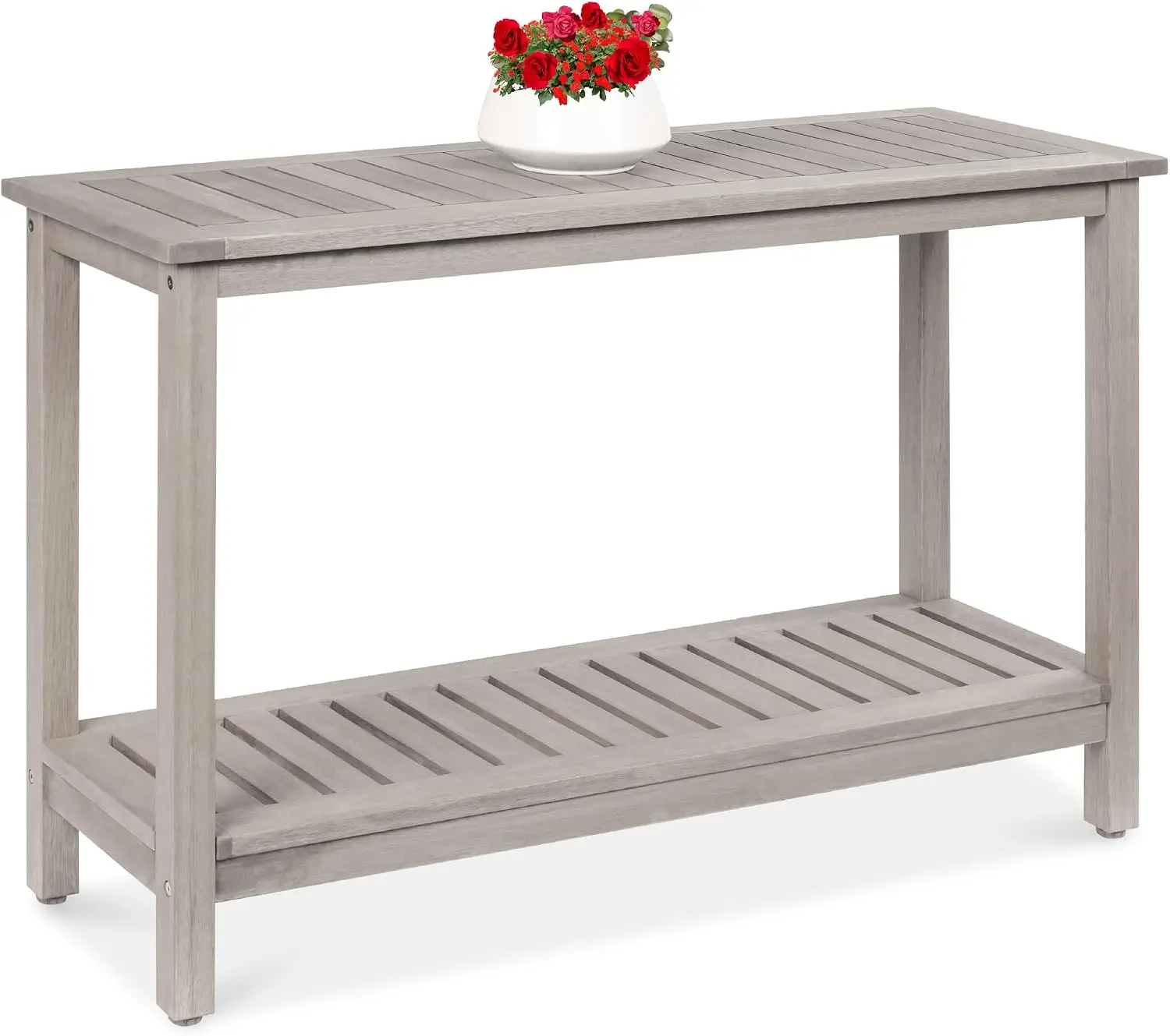 Best Choice Products Eucalyptus Wooden Console Table Indoor Outdoor Multifunctional Buffet Bar Storage Organizer W/Foot Sliders