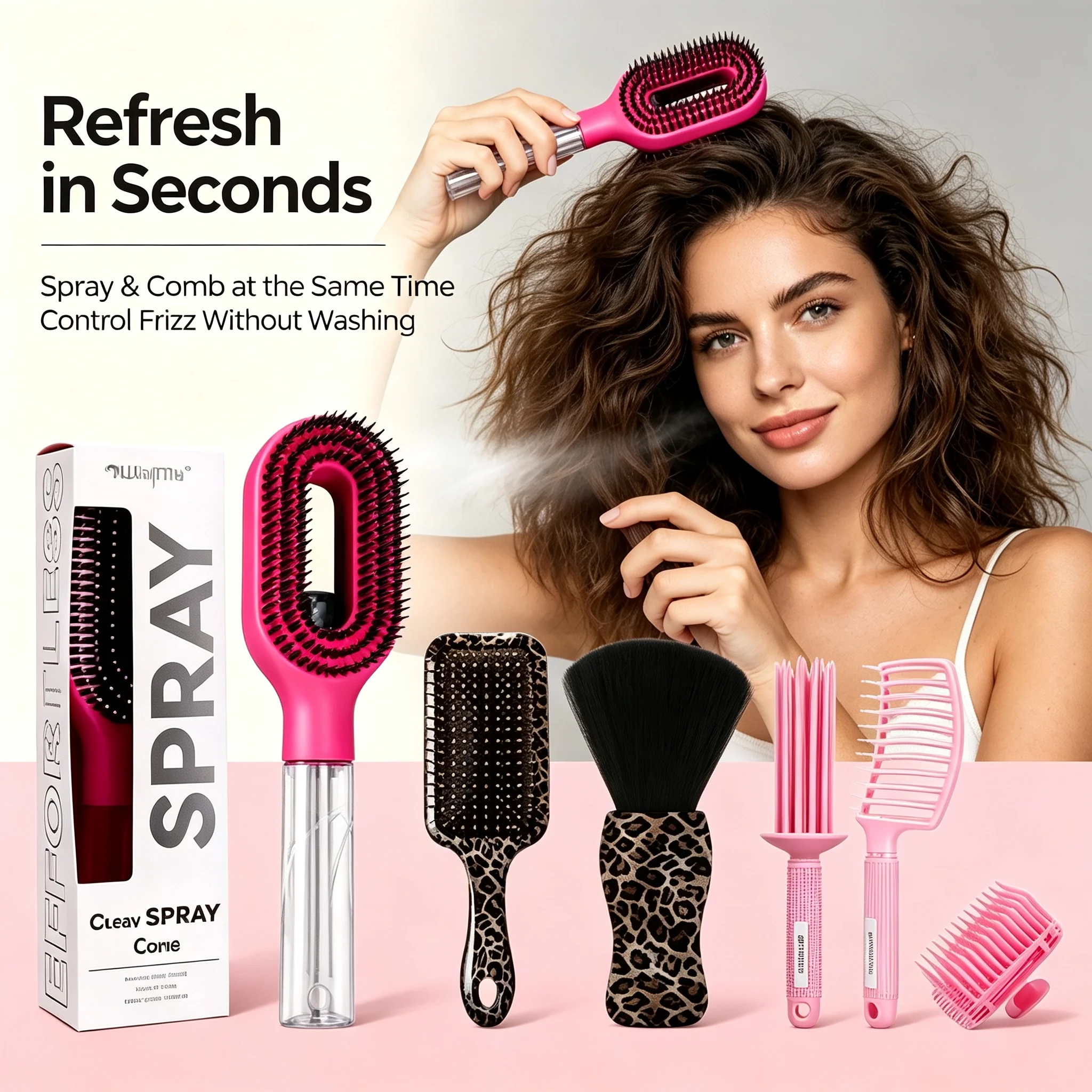Leopard Print & Pink Hair Styling Tools Set, Spray Cleaning Comb, Air Cushion Massage Brush, Neck Duster Brush, Multi Hair Combs Kit for Salon Hairdressing view 4
