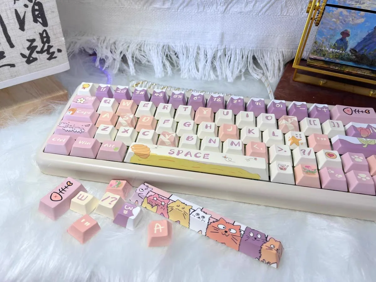 Keycap for Mechanical Keyboard Cat Miwu Pink 138 Keys PBT Chreey Height Keycap Diy Creative For 61/87/104/108 Keycaps