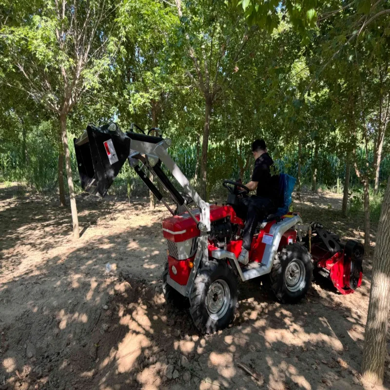 Small Wheel Farm Tractor Free Shipping, Multifunction Equipment with Loader, Lawn Mower, Bulldozer, Rotary Tiller for Tilling &