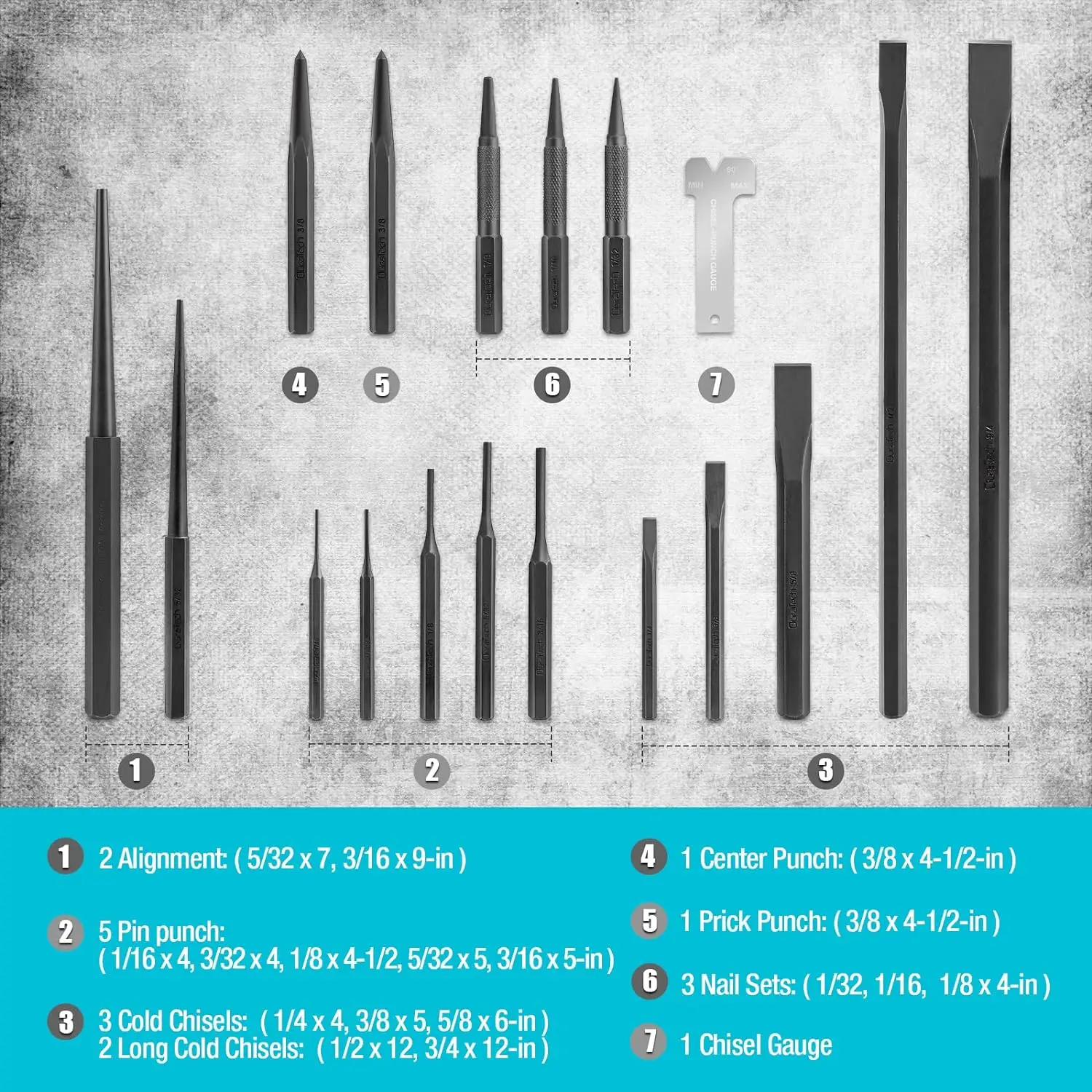 NEW 18 Piece Punch/Chisel/Alignment Tool Set Including Pin Punch Center Punch Nail punch Alignment Tool Cold Chisel