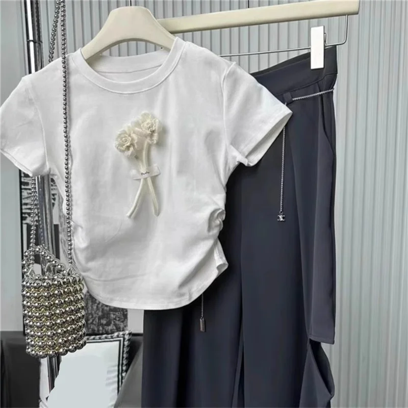 Handmade Short Sleeve T-Shirt Women's Slim Fit Summer Stomach Control Pure Desire Pleated Short Length Top Floral Decoration