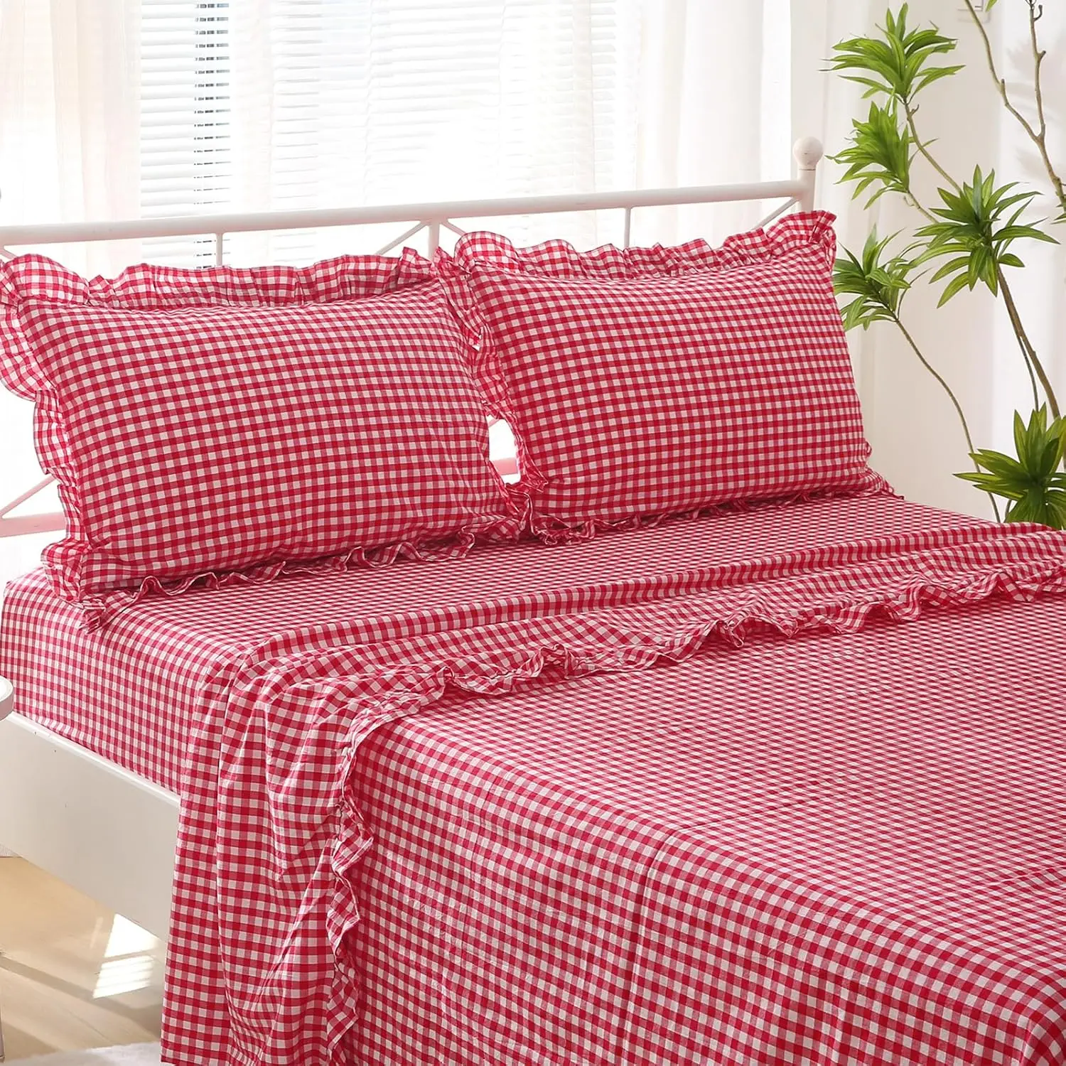 

Queen Size 4-Piece Bedding Set, 300TC Yarn Dyed Cotton Sheets with Deep Pocket and Classic Gingham Design