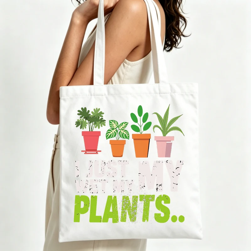 potted plants graphic canvas tote bag with slogan-style print, perfect for casual daily use and plant lover outings