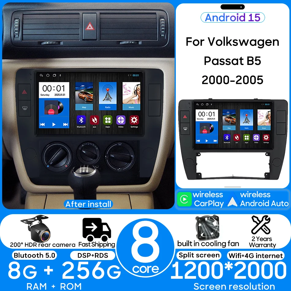Android 15 Car Radio Video Multimedia Player Navigation GPS Head Unit For Volkswagen VW Passat B5 2000 - 2005 CarPlay Auto 2din